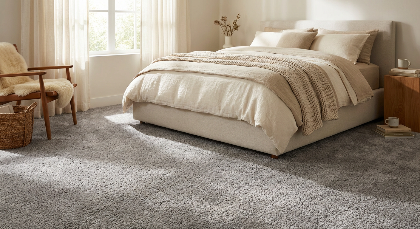 Cozy bedroom with soft grey carpet