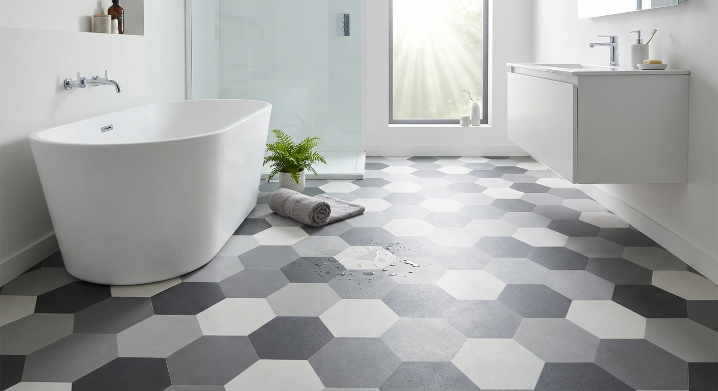 Geometric pattern vinyl flooring in bathroom